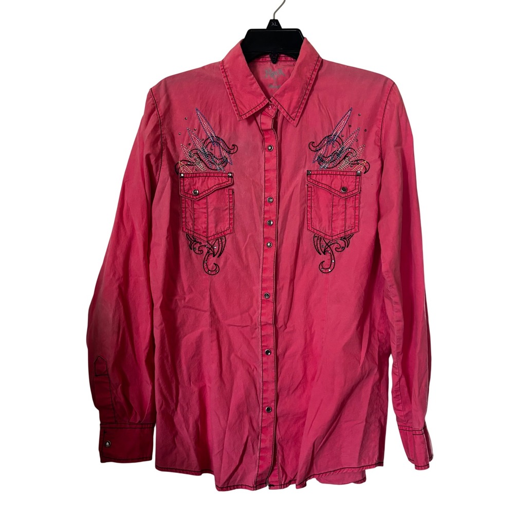 Rock 47 by Wrangler Womens Shirt Large Western Style Pink Embroidered Snap Front